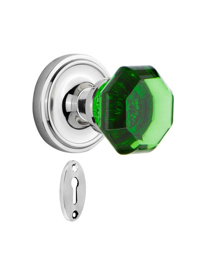 Classic Rosette Mortise Lock Set with Colored Waldorf Crystal Glass Knobs Emerald in Polished Chrome.